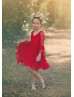 Long Sleeve Red Lace Knee Length Flower Girl Dress